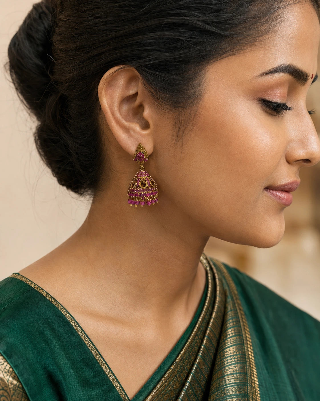 Ruby Beaded Jhumka Earrings