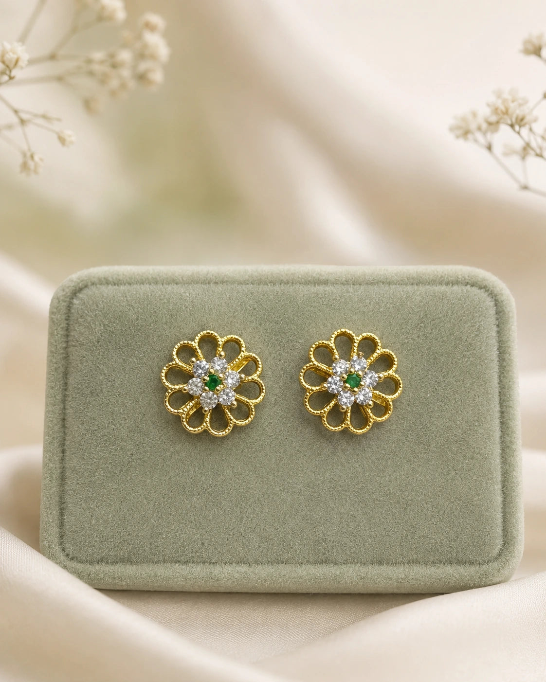 Ruby Green Floral Stud Earrings