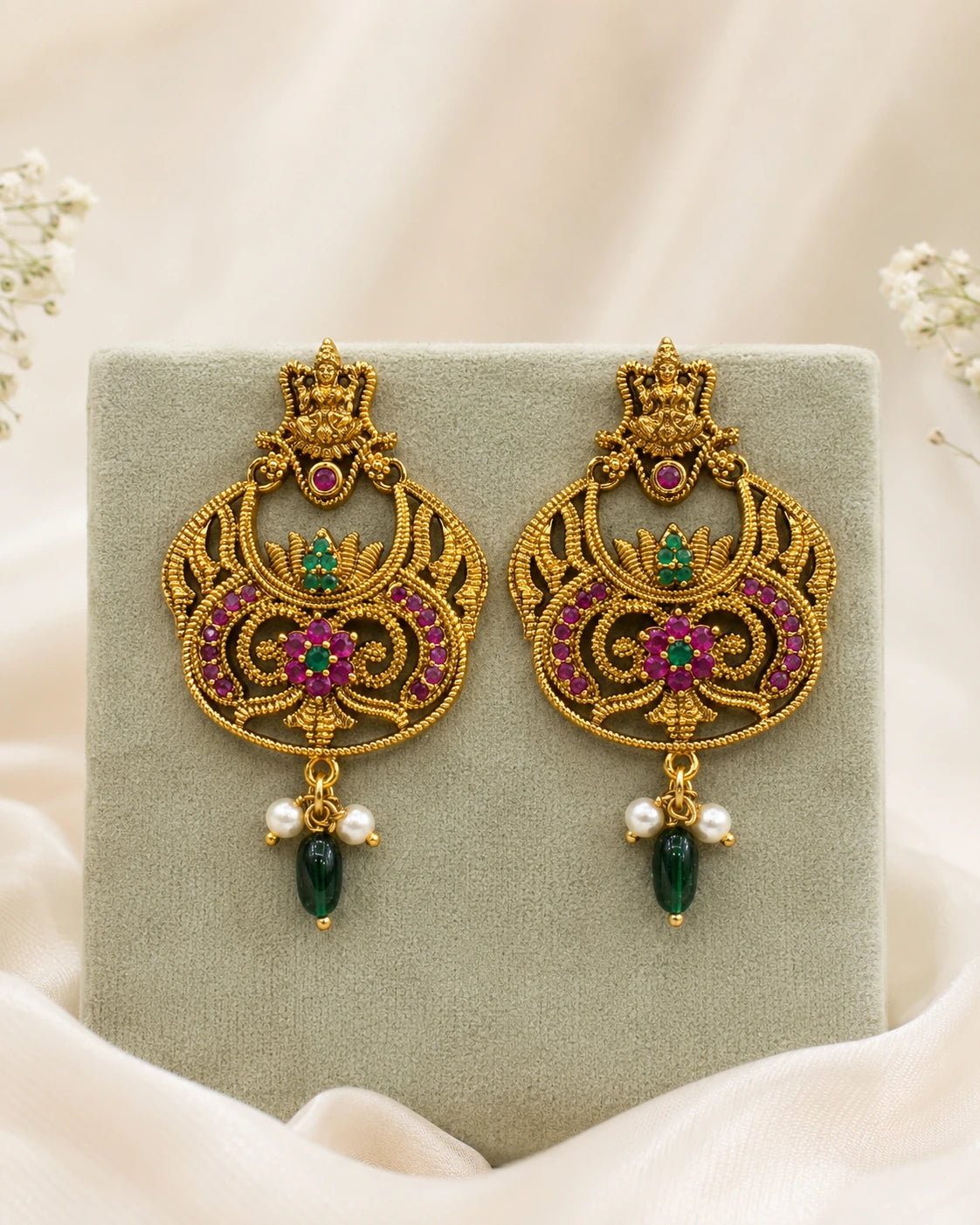 Golden Green Beaded Drop Earrings