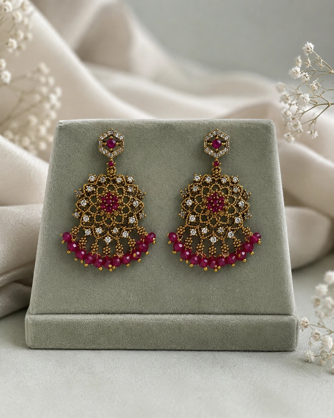 Pink Green Floral Drop Earrings