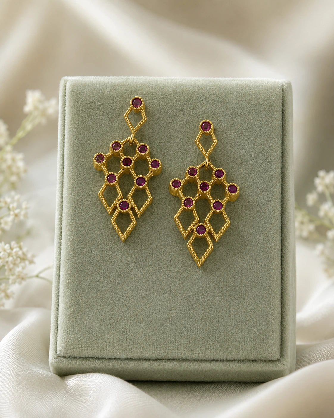 Ruby Green Geometric Drop Earrings