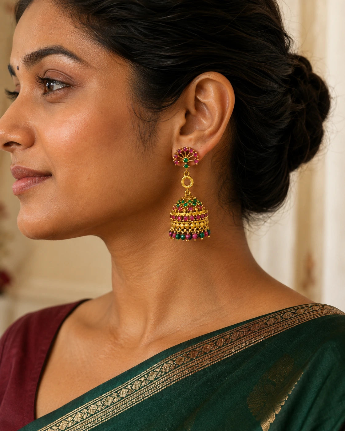 Ruby Green Stone Jhumka Earrings