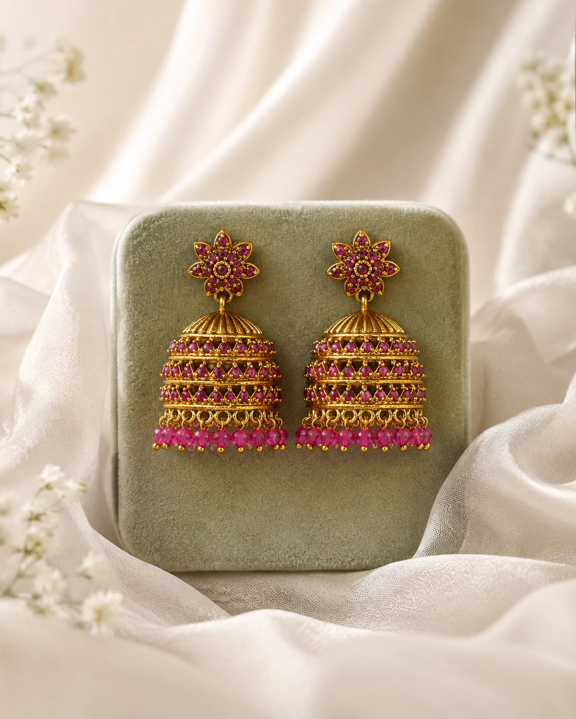 Pink Green Floral Jhumka Earrings