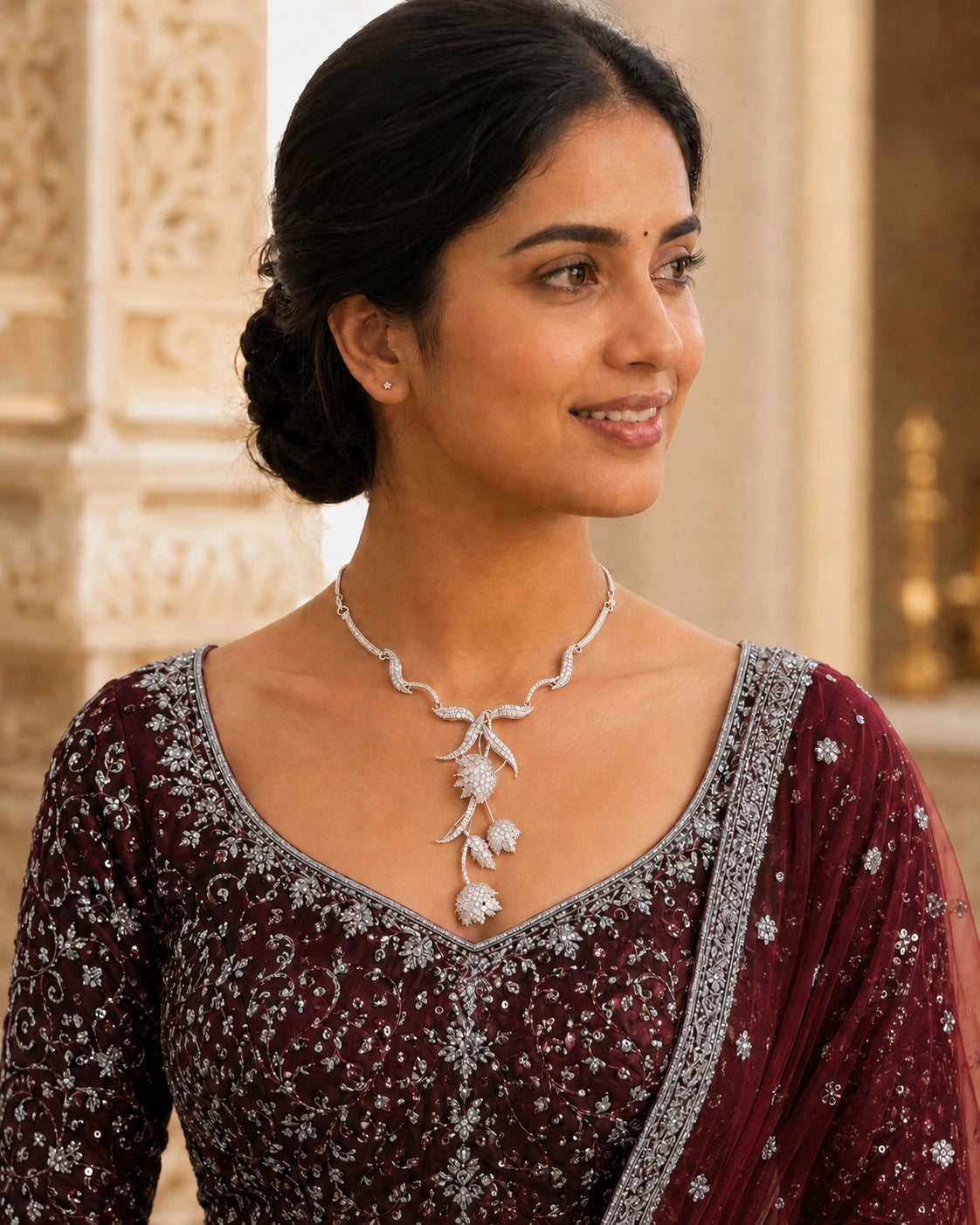 Rhodium Floral Drop AD Necklace