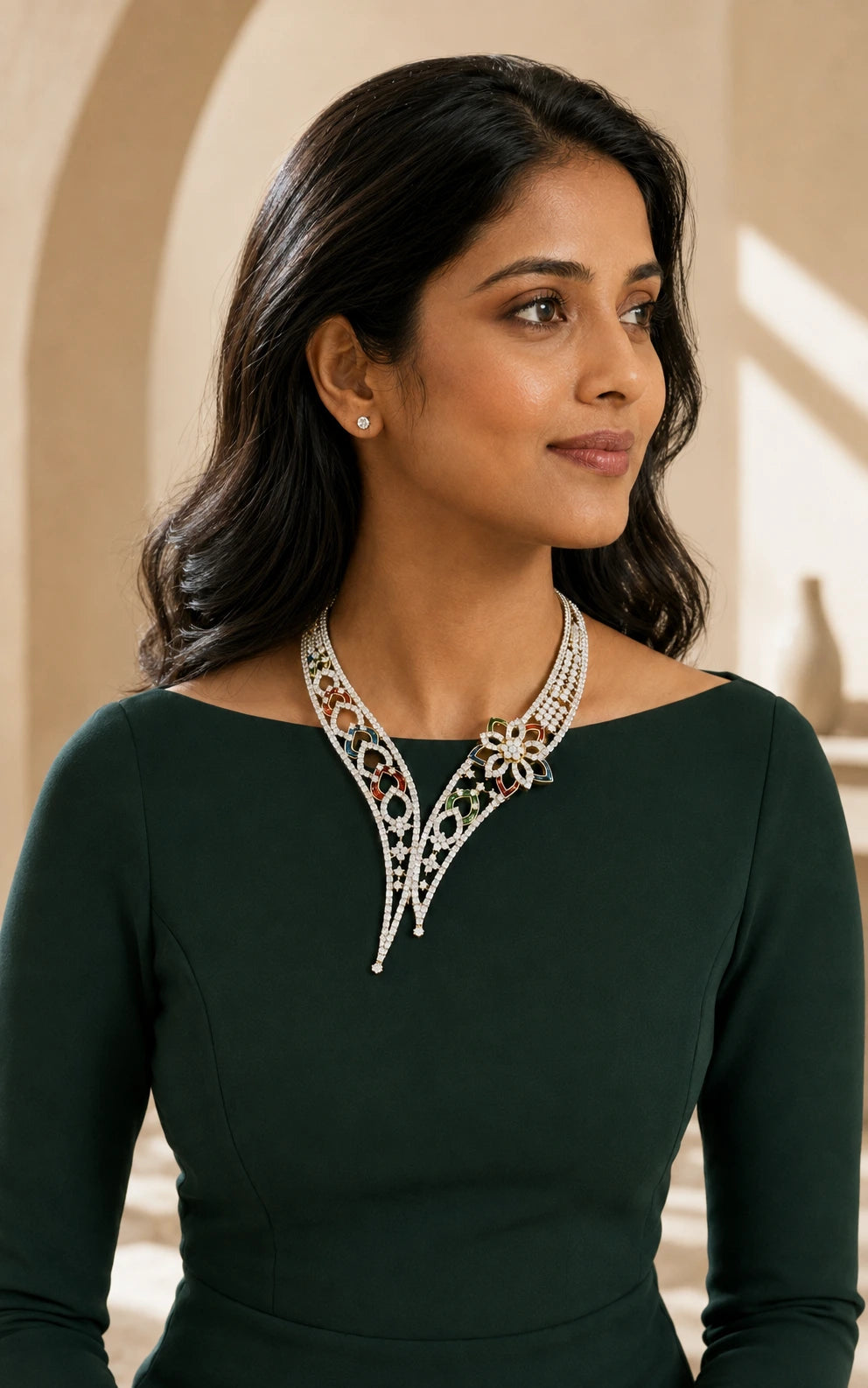 Multicolour Floral AD Rhodium Necklace