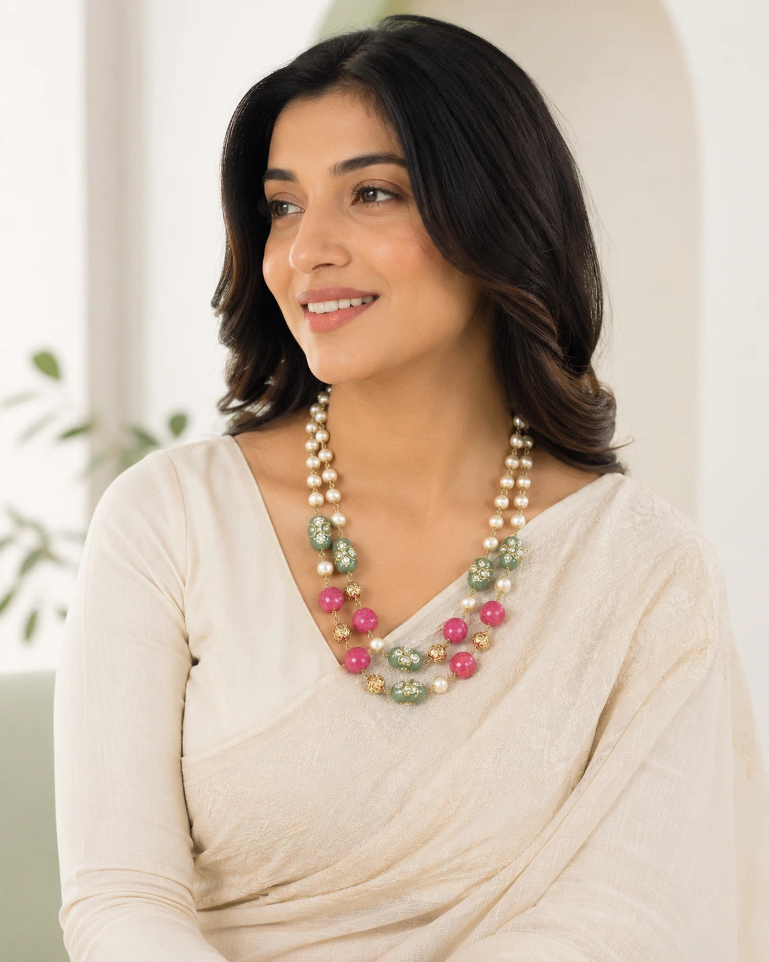 Double Layer Pearl & Stone Bead Ganthan Mala