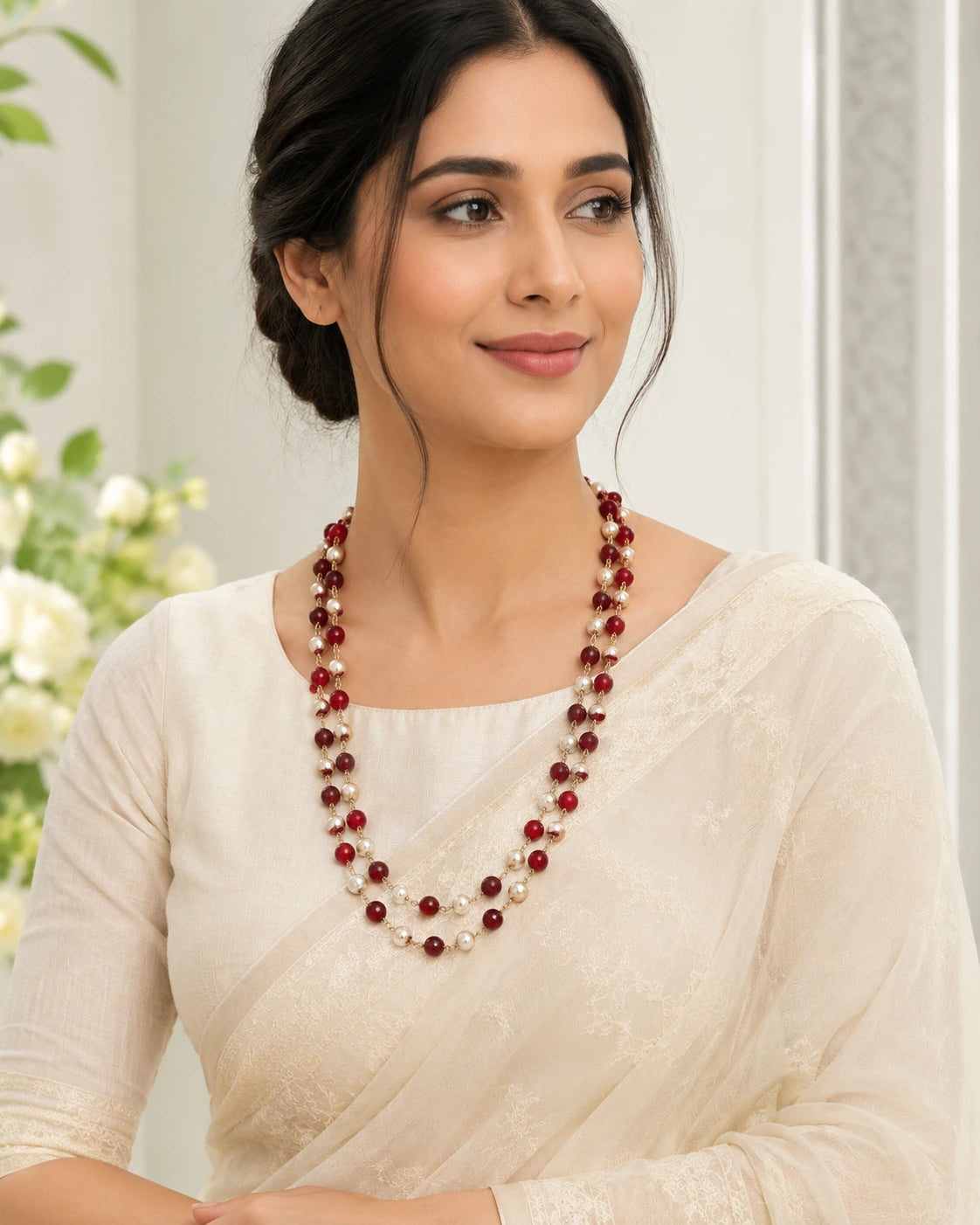 Ruby Stone & Shell Pearl Double Layer Gandhanmala