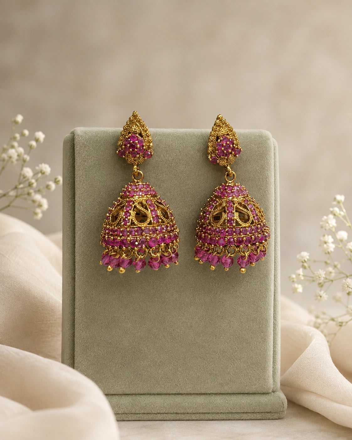 Ruby Beaded Jhumka Earrings