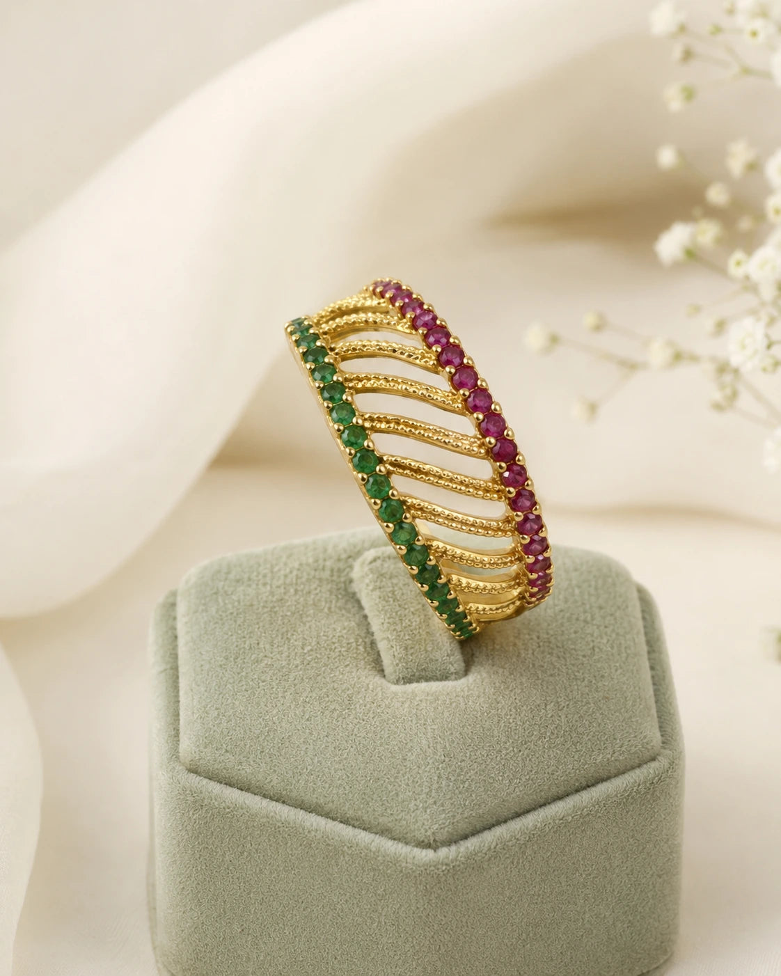Green Pink Stone Wave Ring