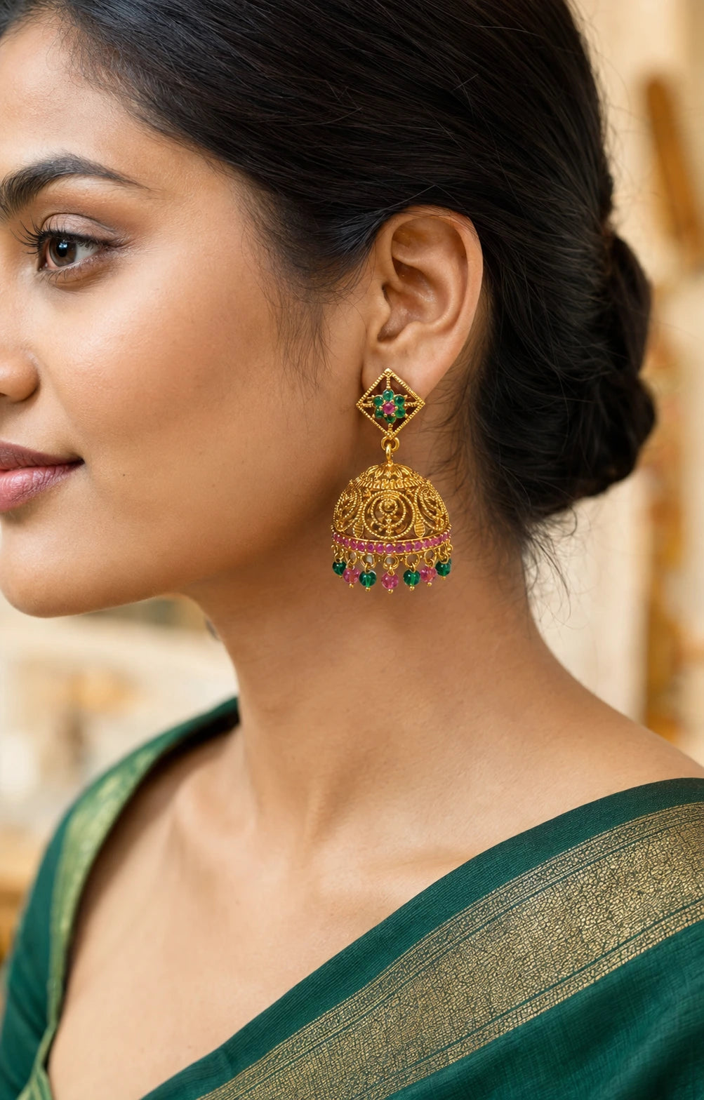 Ruby Green Beaded Jhumka Earrings