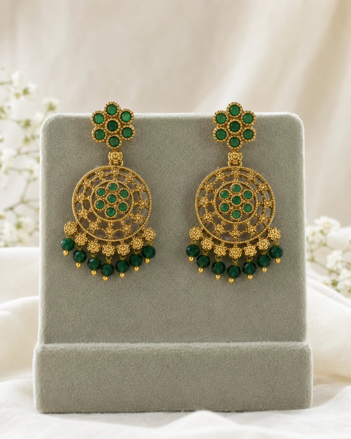 Emerald Floral Chandbali Earrings