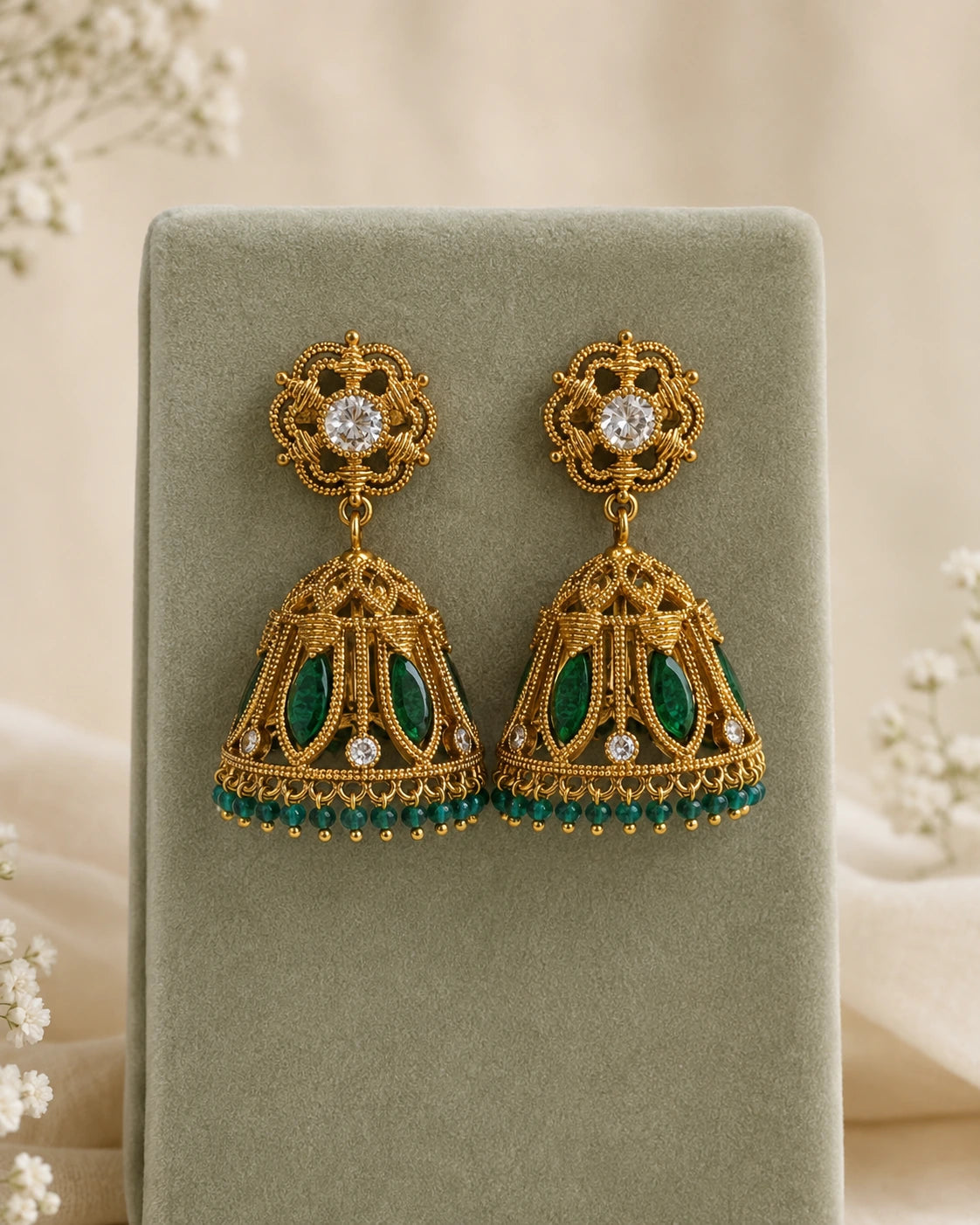 Emerald Beaded Jhumka Earrings