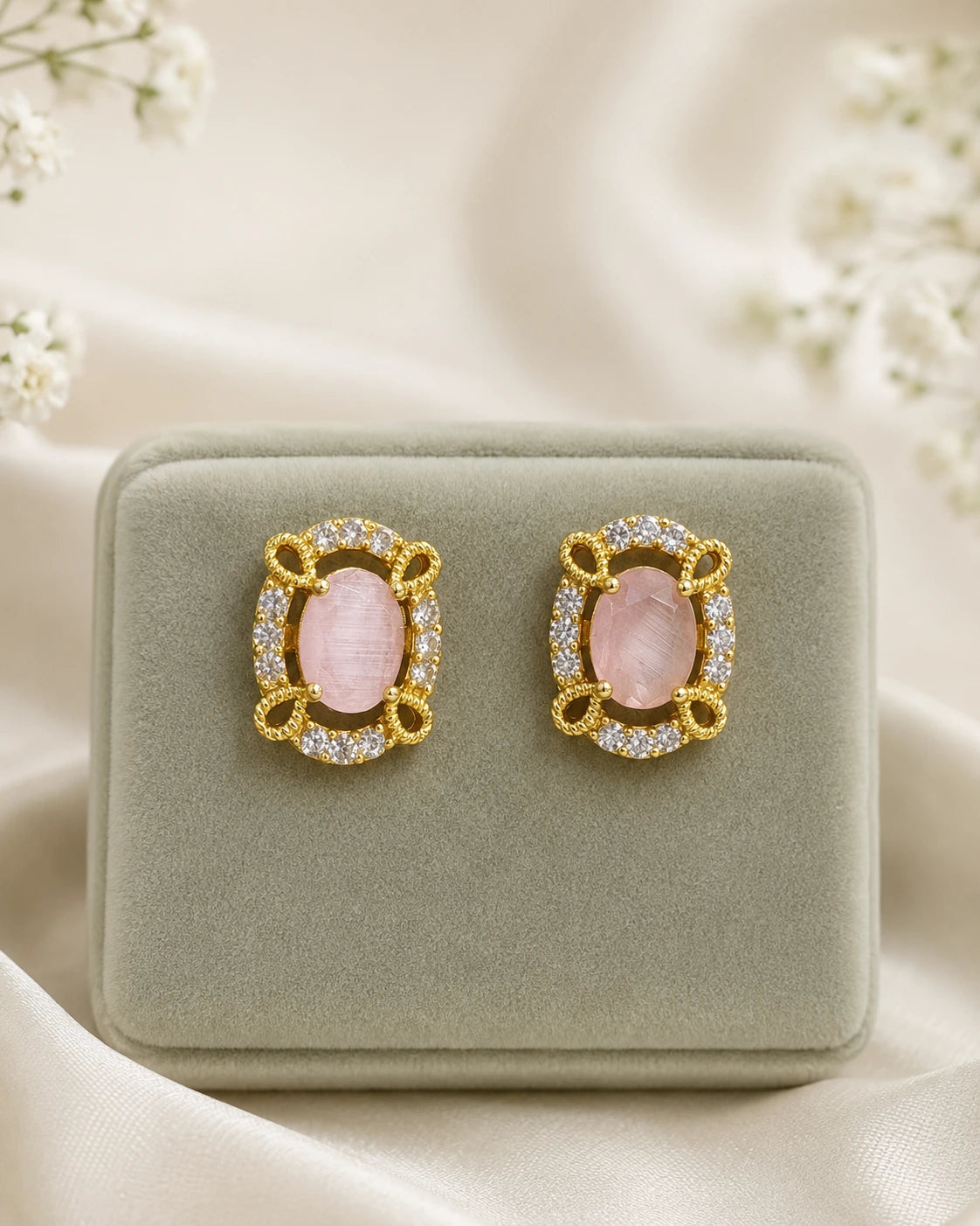 Pink Oval Stone Stud Earrings