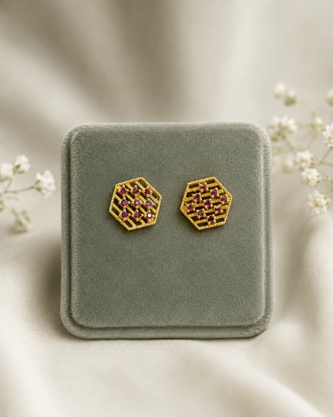 Ruby Stone Lattice Stud Earrings