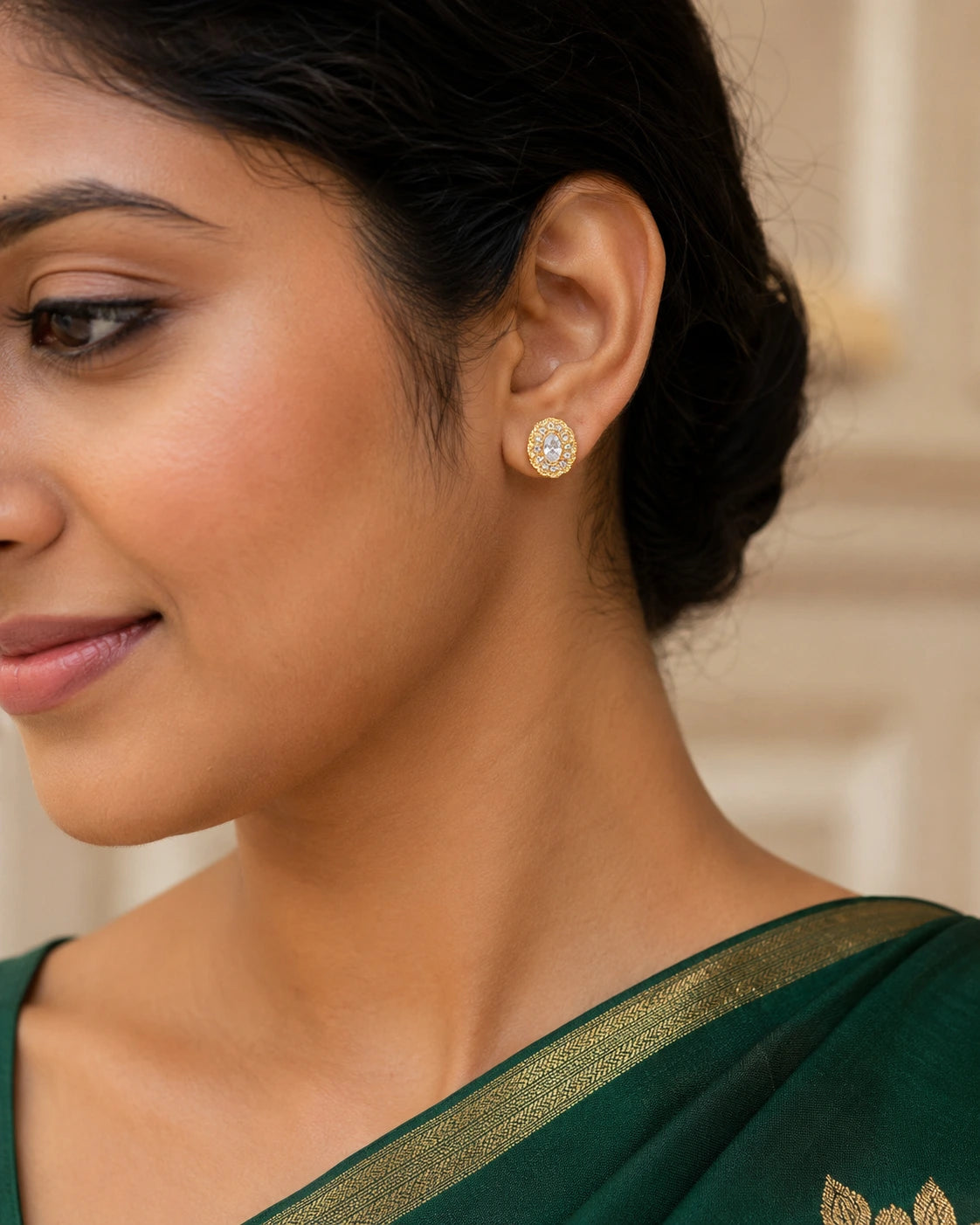 Golden Oval Halo Stud Earrings
