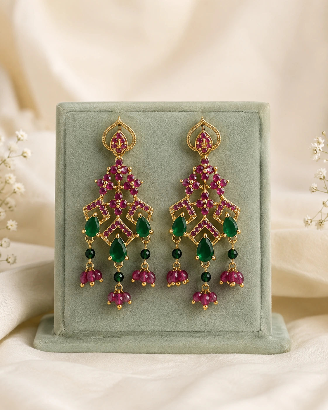 Pink Green Chandelier Drop Earrings