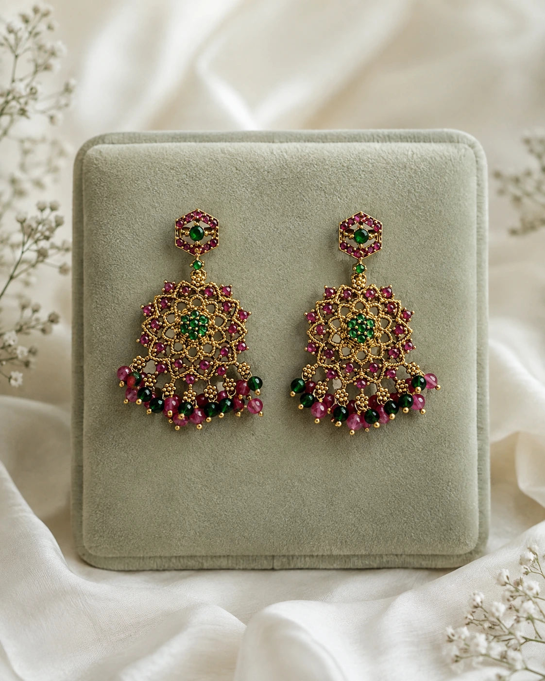 Pink Green Floral Drop Earrings