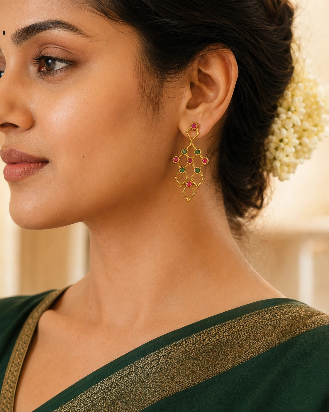 Ruby Green Geometric Drop Earrings