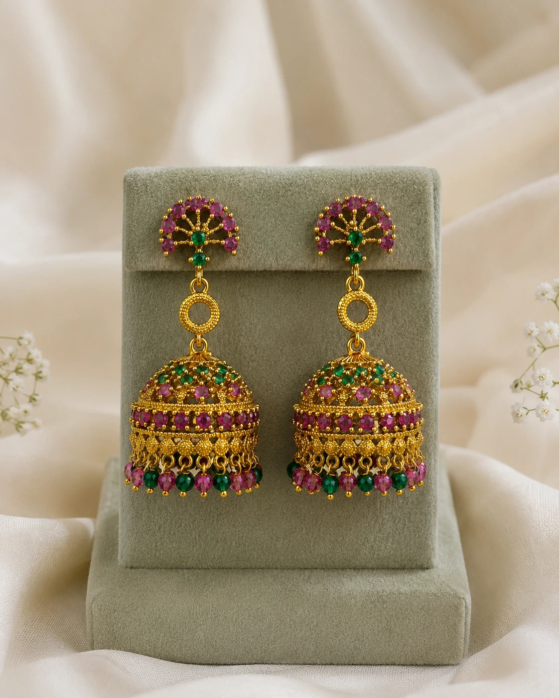 Ruby Green Stone Jhumka Earrings