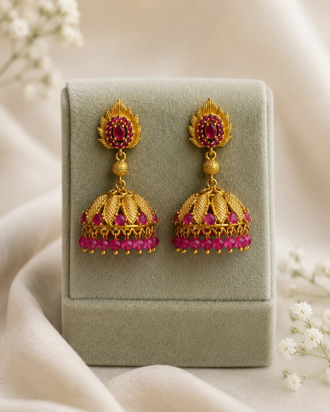 Ruby Green Leaf Jhumka Earrings