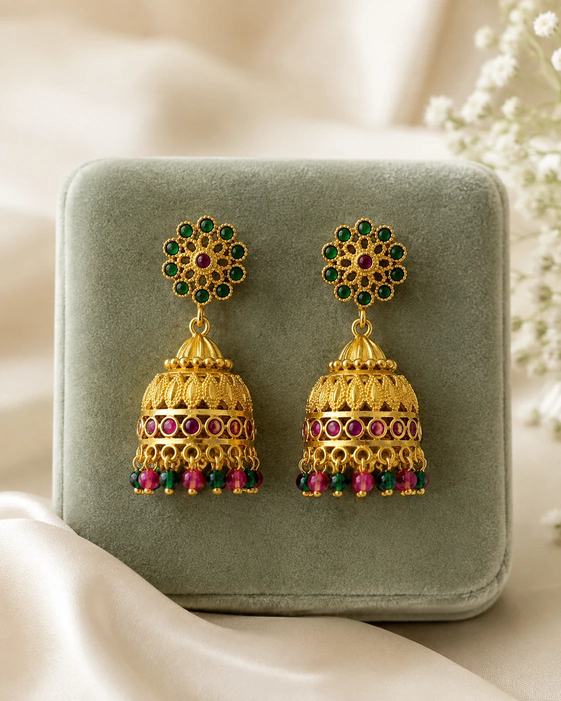 Ruby Green Floral Jhumka Earrings