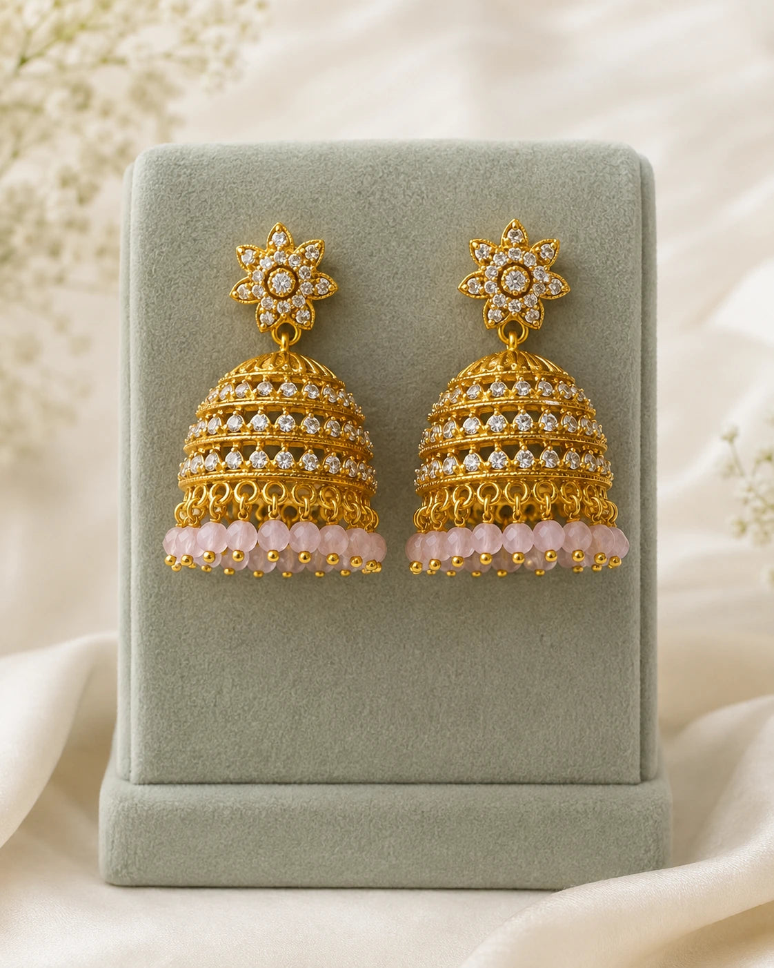 Pink Green Floral Jhumka Earrings