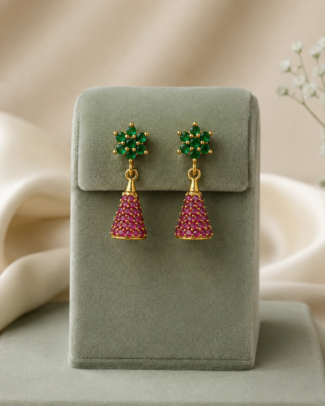 Green Floral Pink Jhumka Earrings