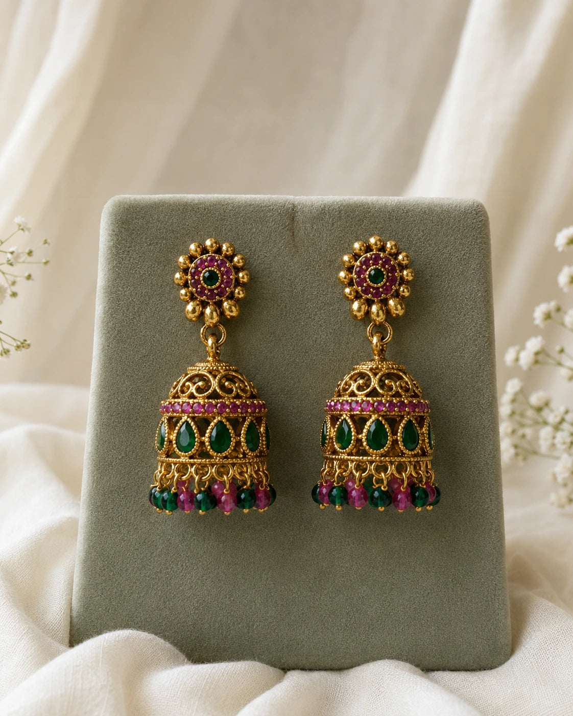 Ruby Green Jhumka Earrings