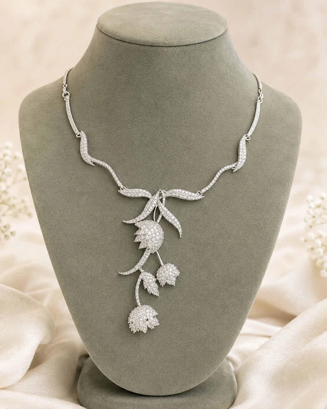 Rhodium Floral Drop AD Necklace
