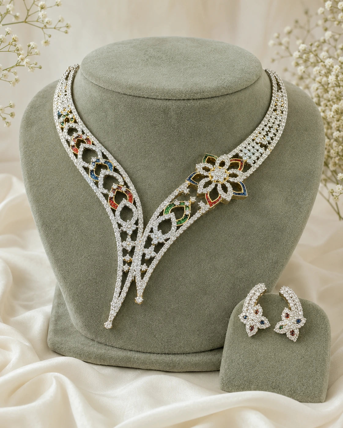 Multicolour Floral AD Rhodium Necklace
