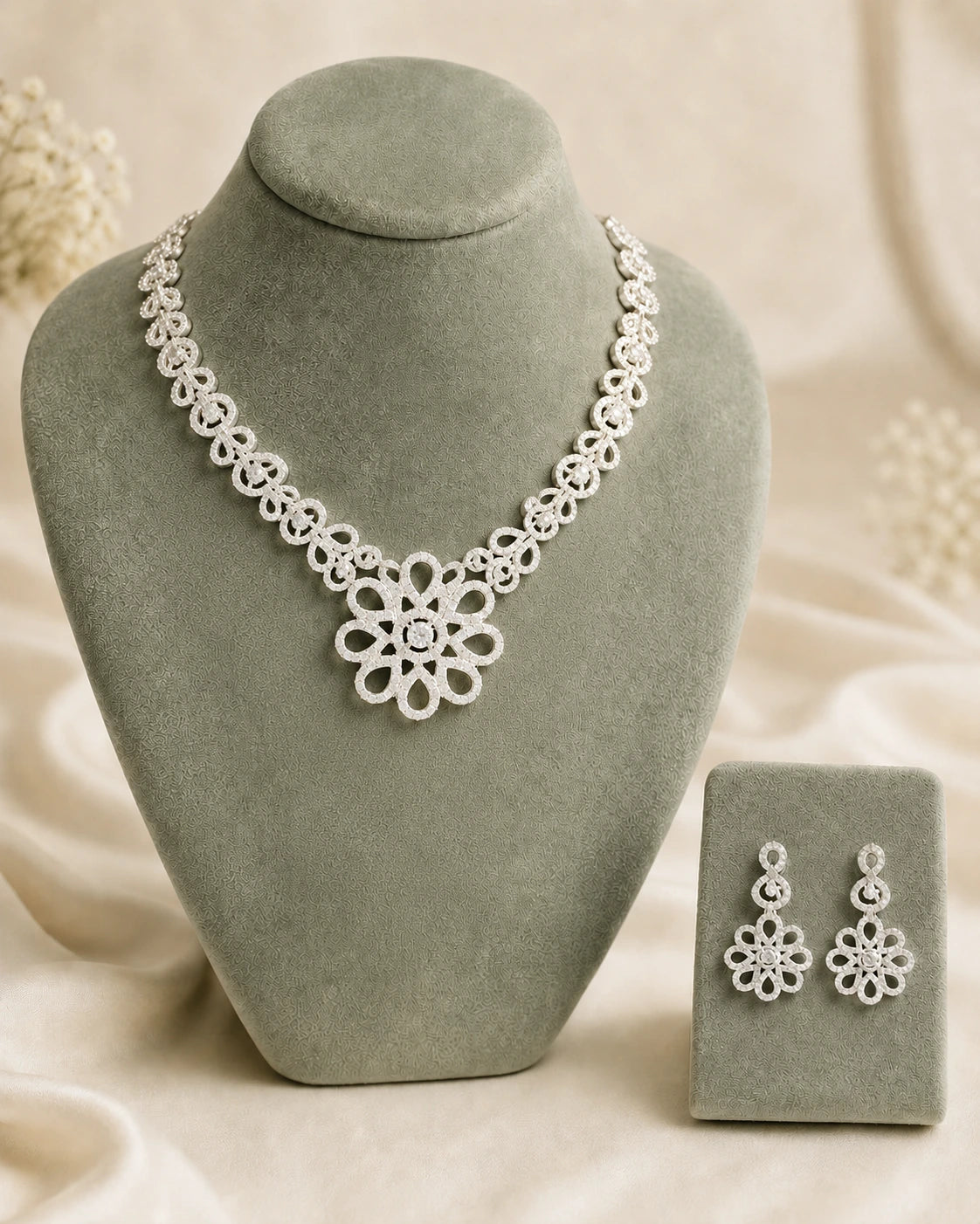 Rhodium Floral AD Necklace Set