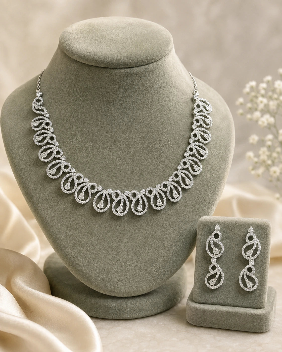 Rhodium Floral AD Necklace Set