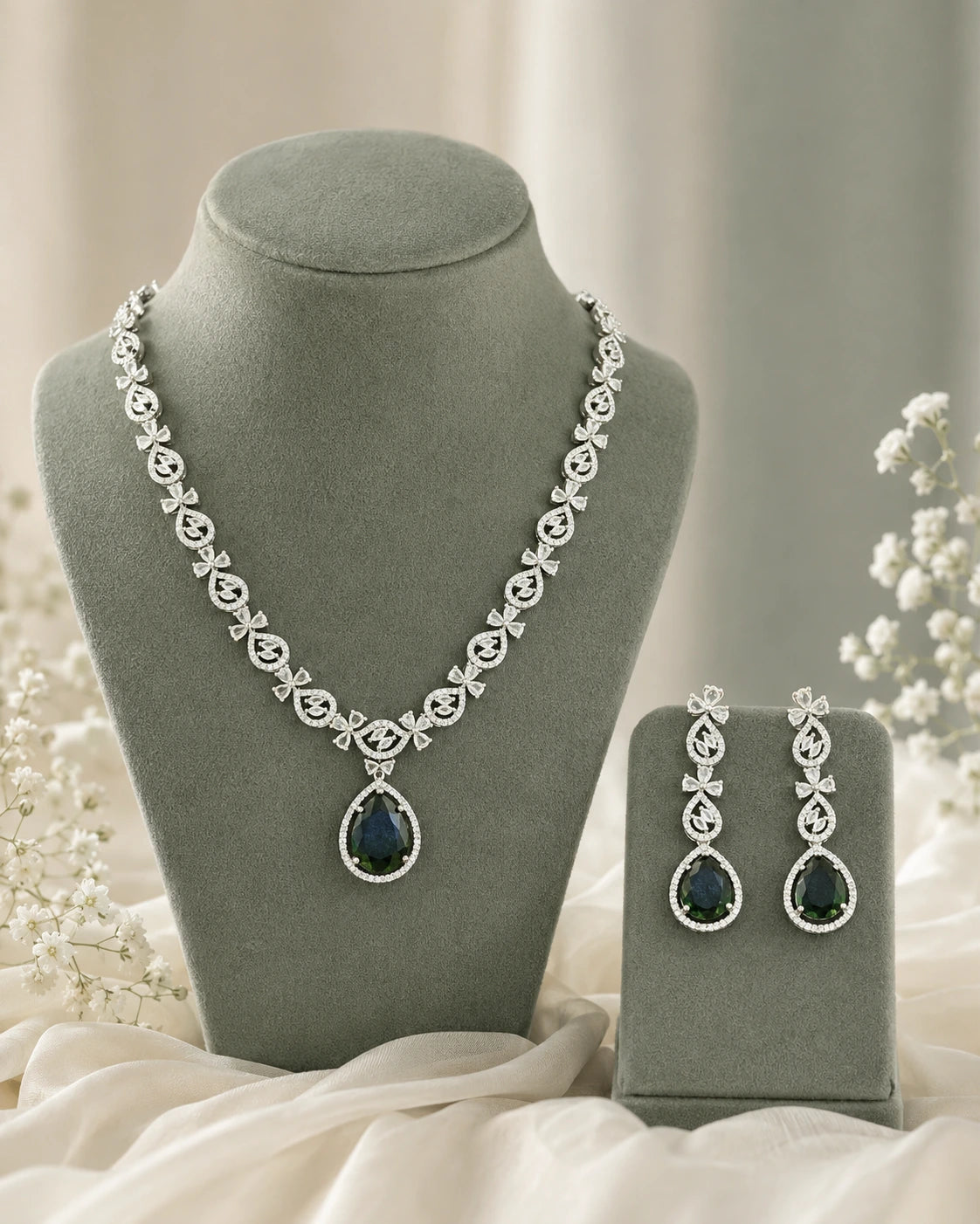 Green Teardrop AD Rhodium Necklace Set