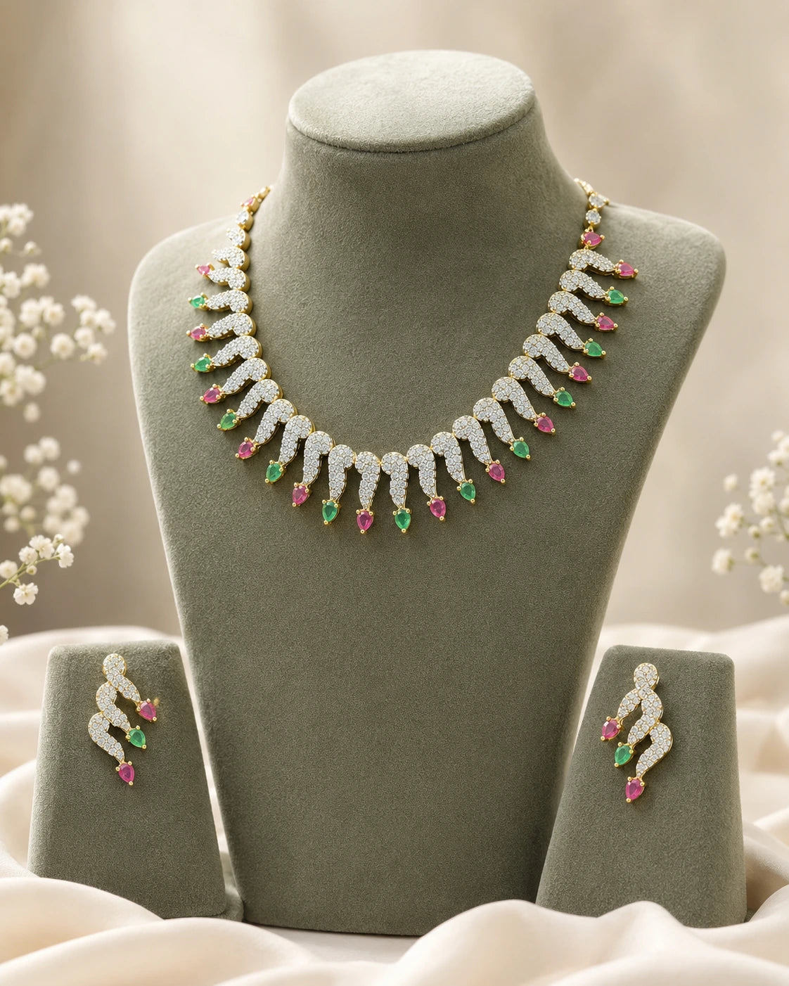 Multicolour Teardrop AD Necklace Set