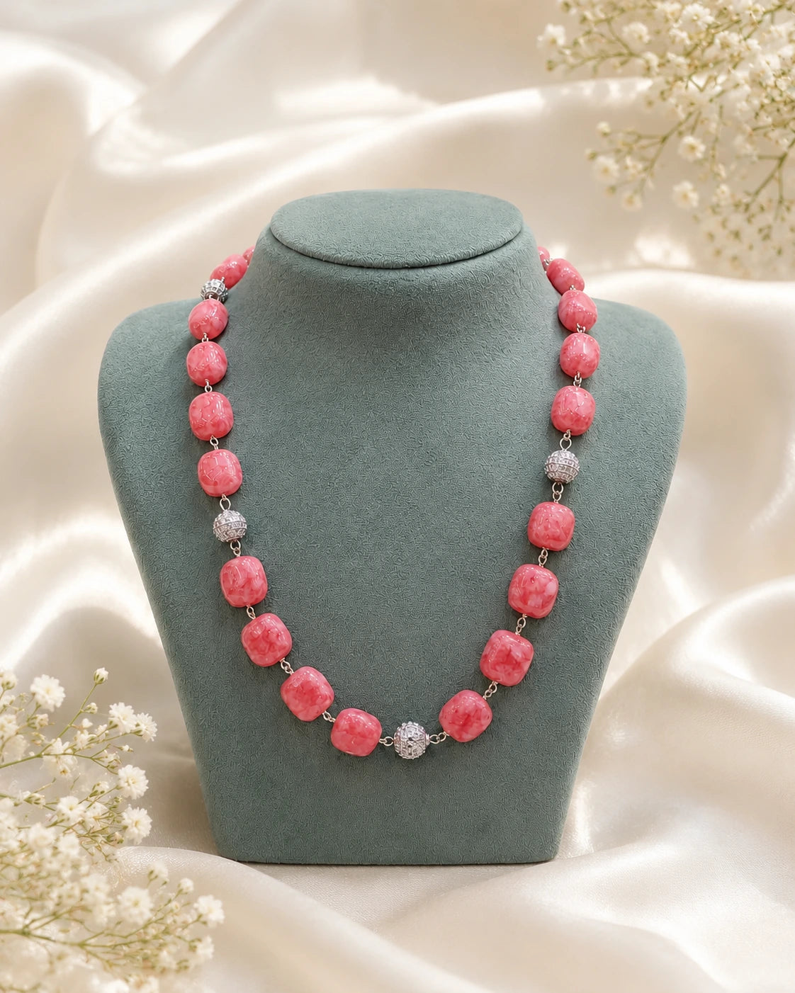 Stone Beads Necklace with CZ Balls