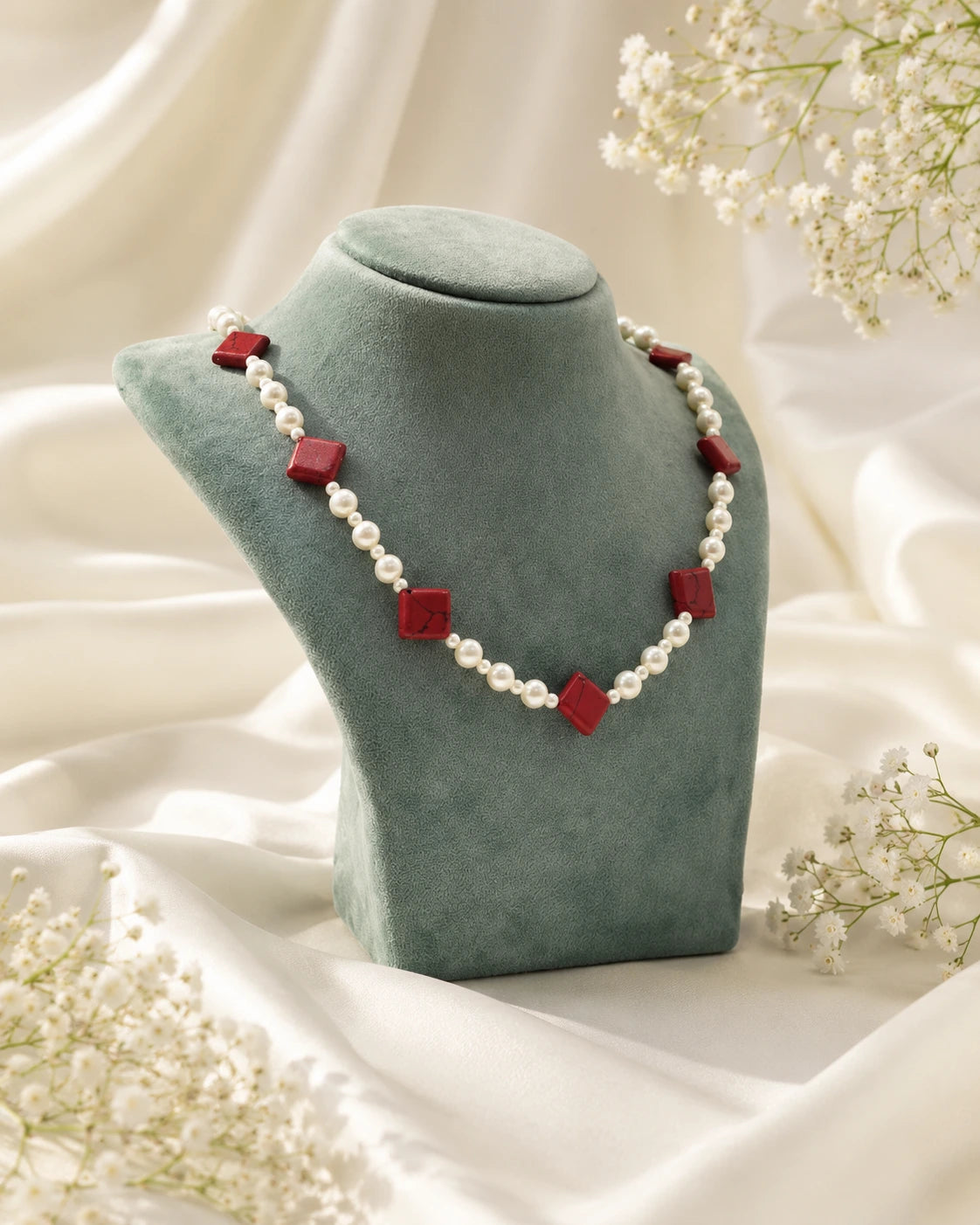 Red Acrylic Bead & Pearl Necklace