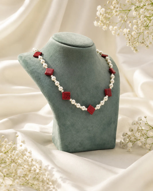 Red Acrylic Bead & Pearl Necklace
