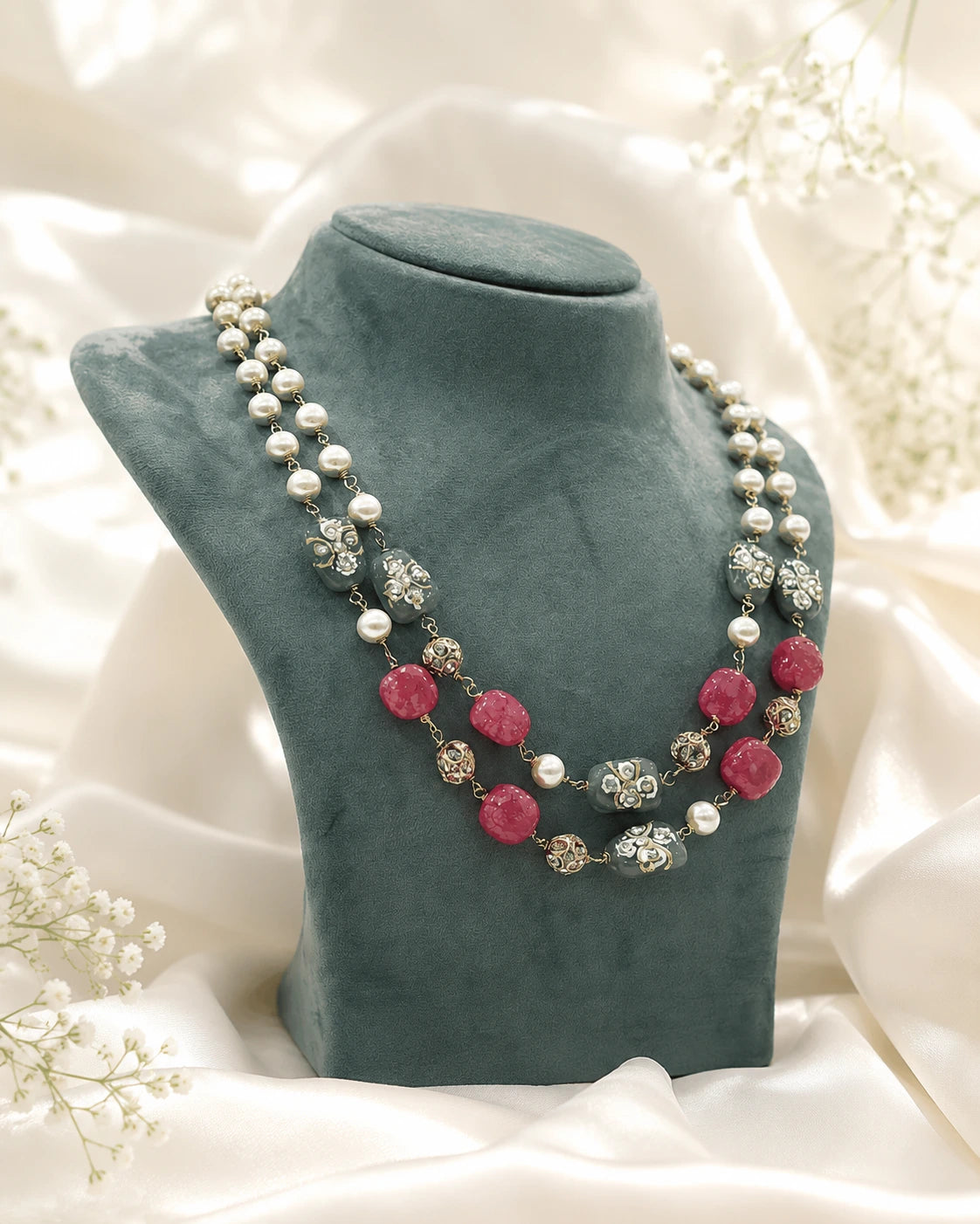 Double Layer Pearl & Stone Bead Ganthan Mala