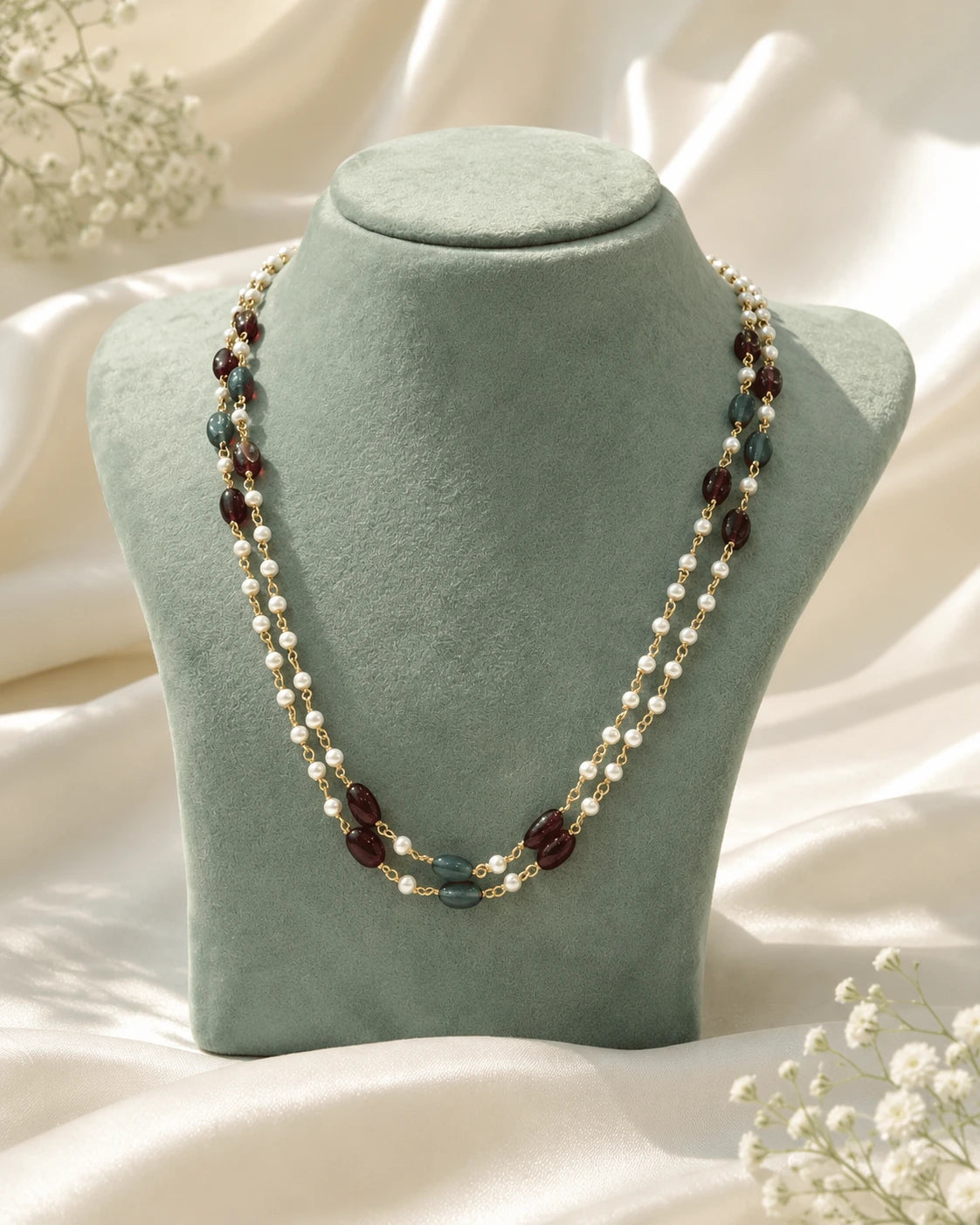 Double Layer Pearl & Green Stone Bead Necklace
