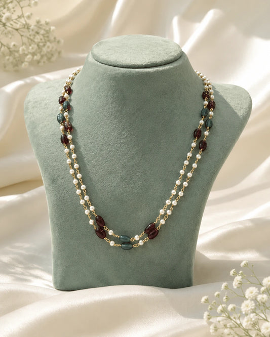 Double Layer Pearl & Green Stone Bead Necklace