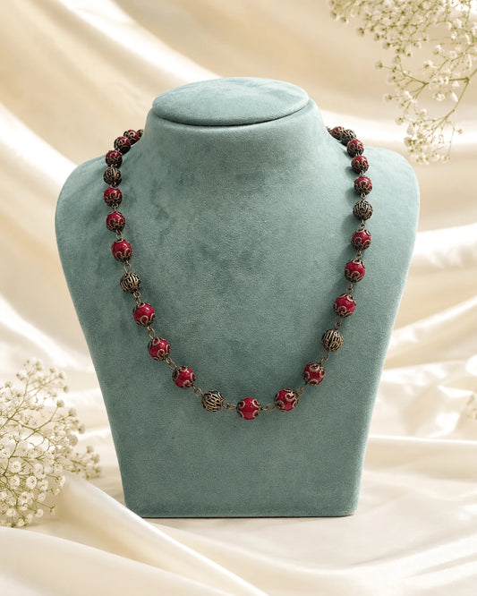 Red Natural Stone & Acrylic Bead Necklace
