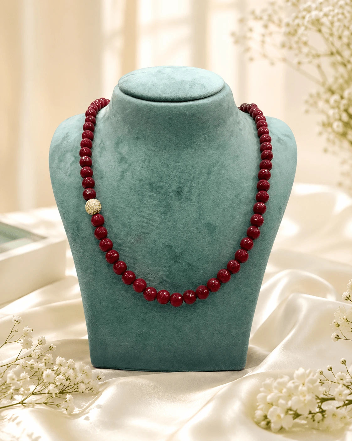Red Agate Bead Necklace with CZ Ball