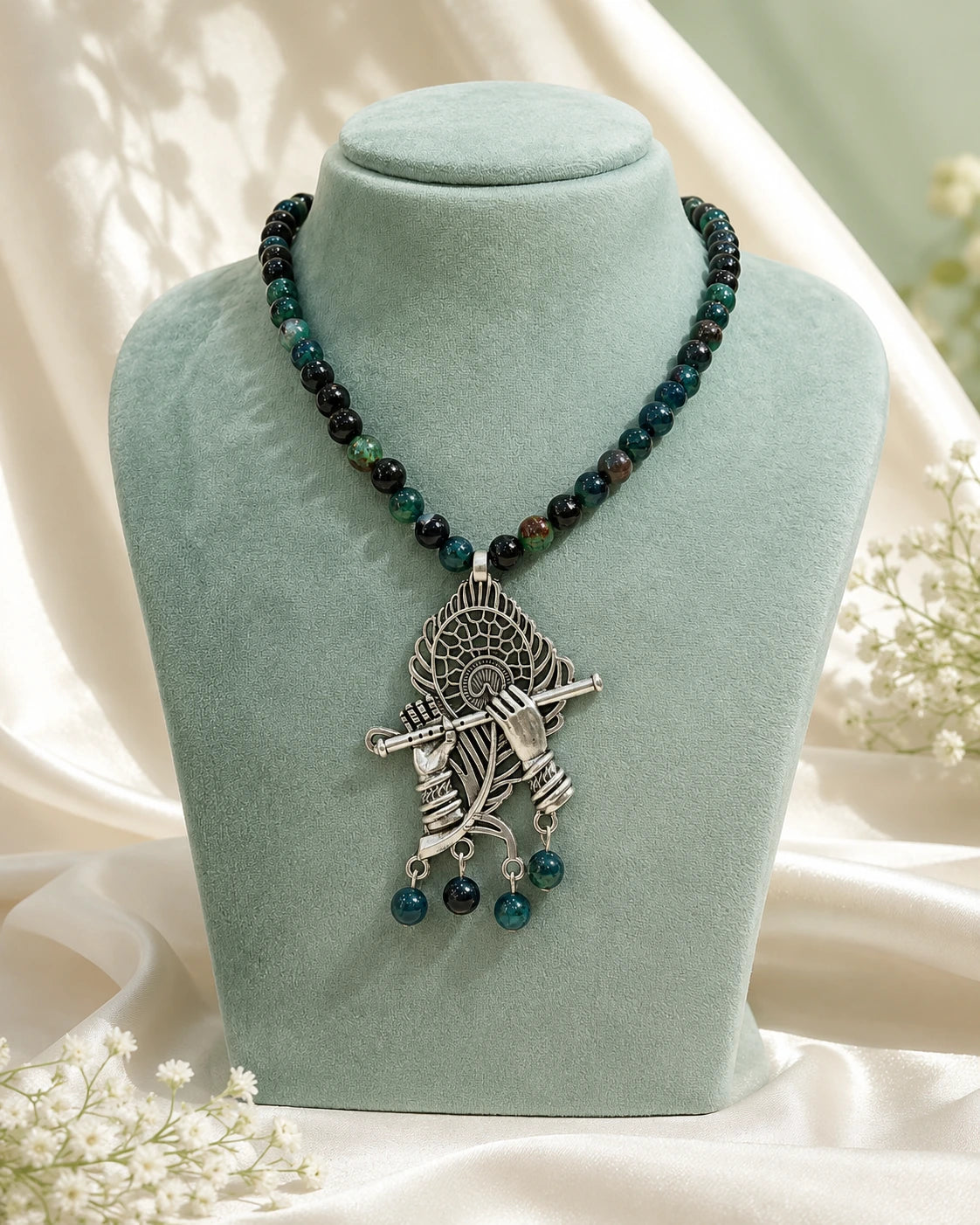 Natural Stone Necklace with Krishna-Inspired Pendant