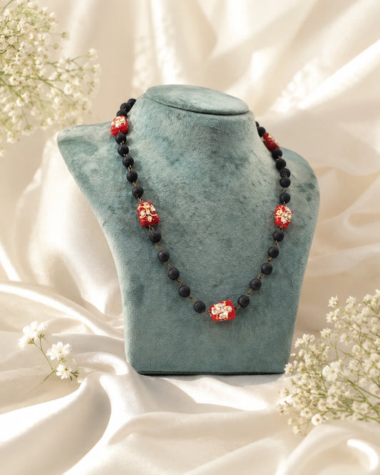 Lava Bead Necklace with Red Fancy Beads