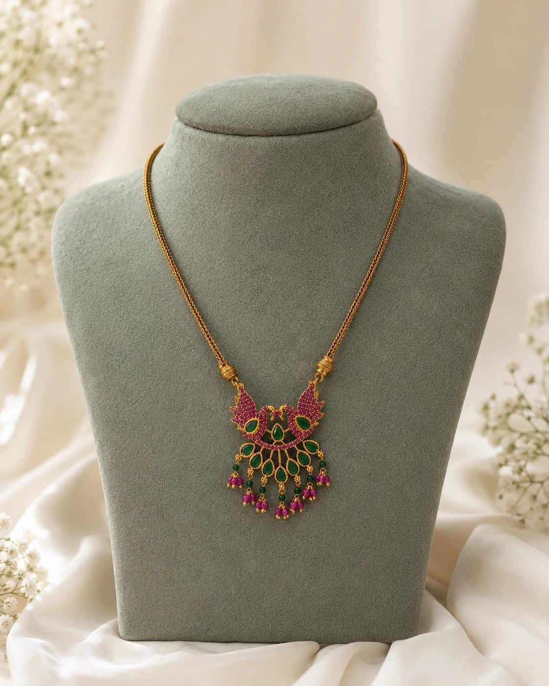 Ruby Green Peacock Pendant Necklace