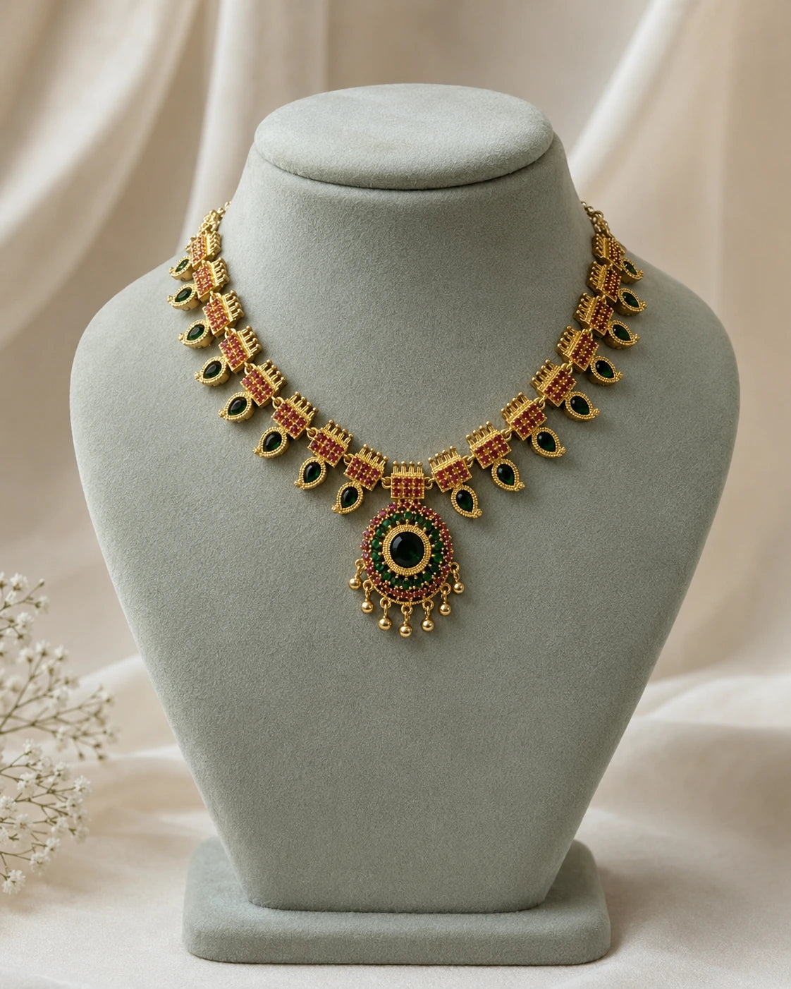 Ruby and Green Stone Temple Necklace