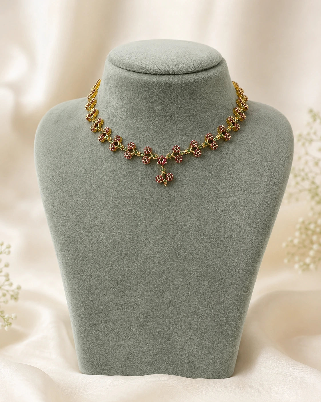 Ruby Floral Cluster Necklace
