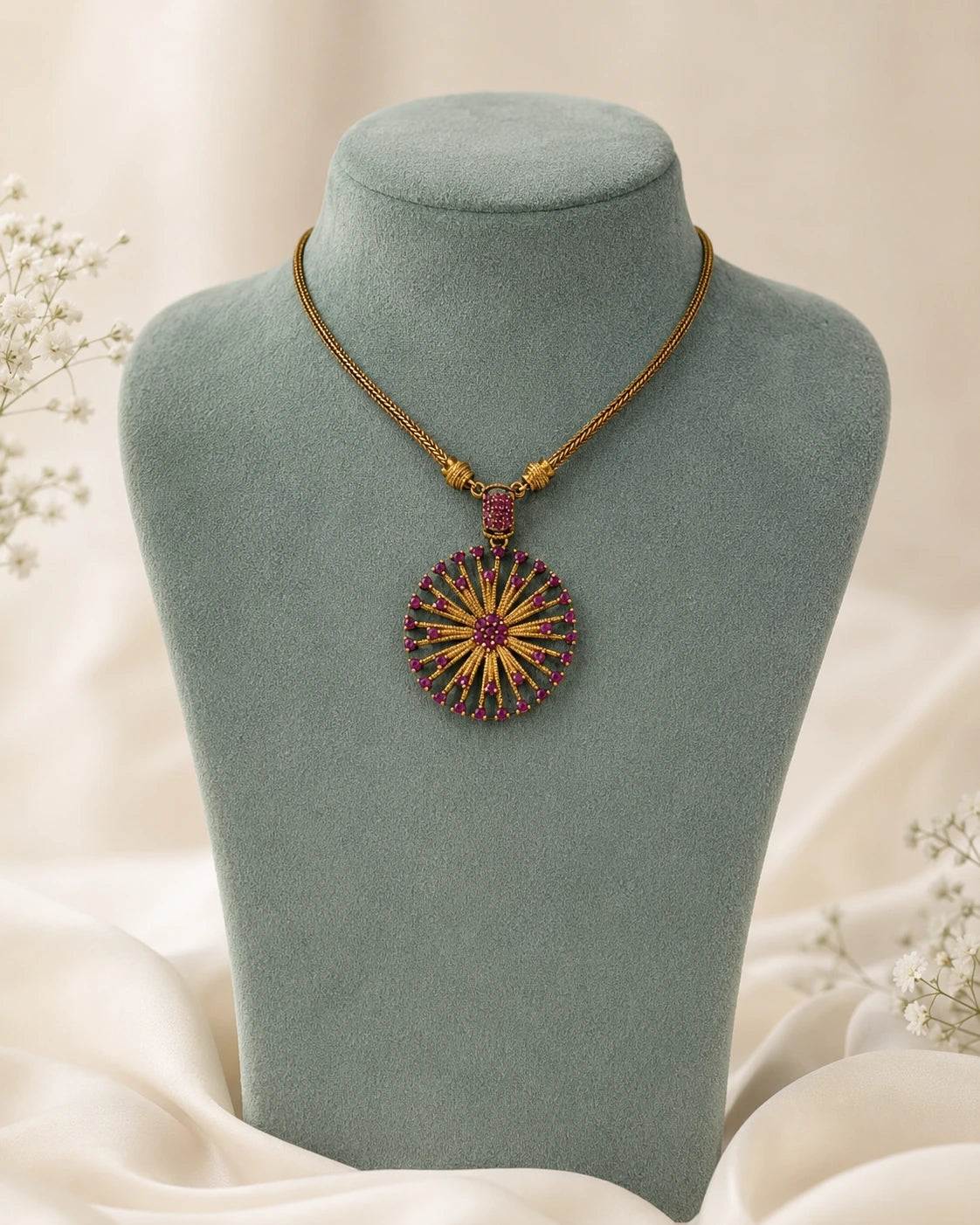 Ruby Sunburst Pendant Necklace