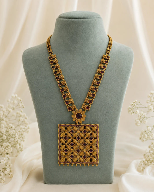 Ruby Floral Square Pendant Necklace