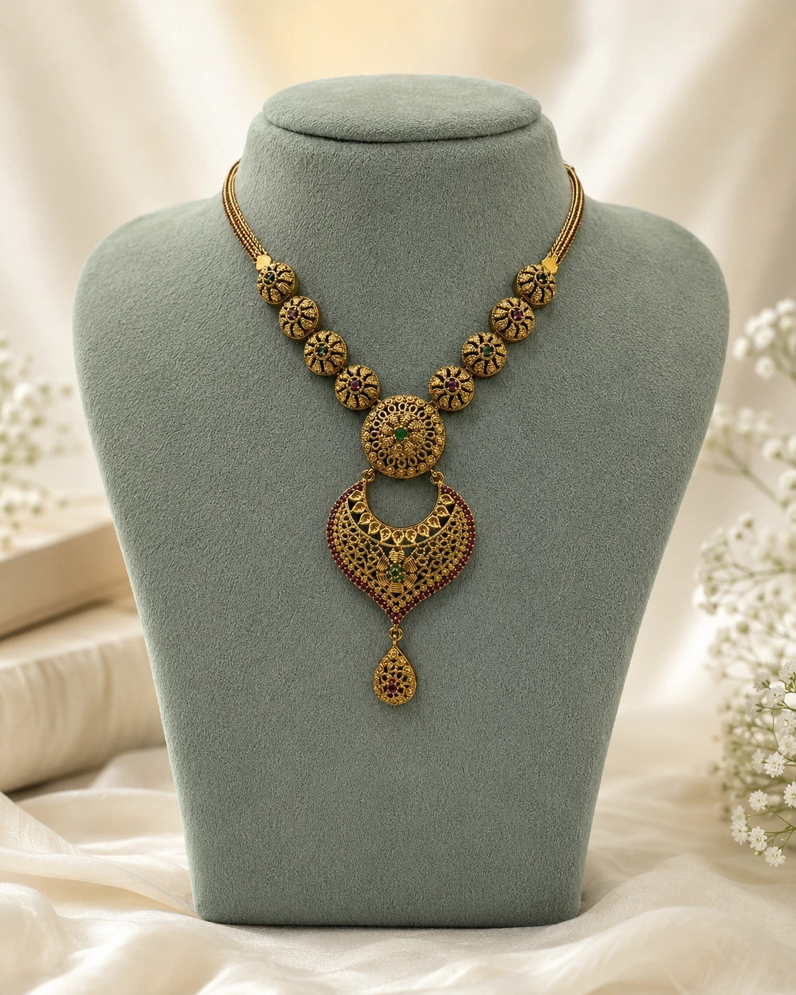 Ruby Green Filigree Pendant Necklace
